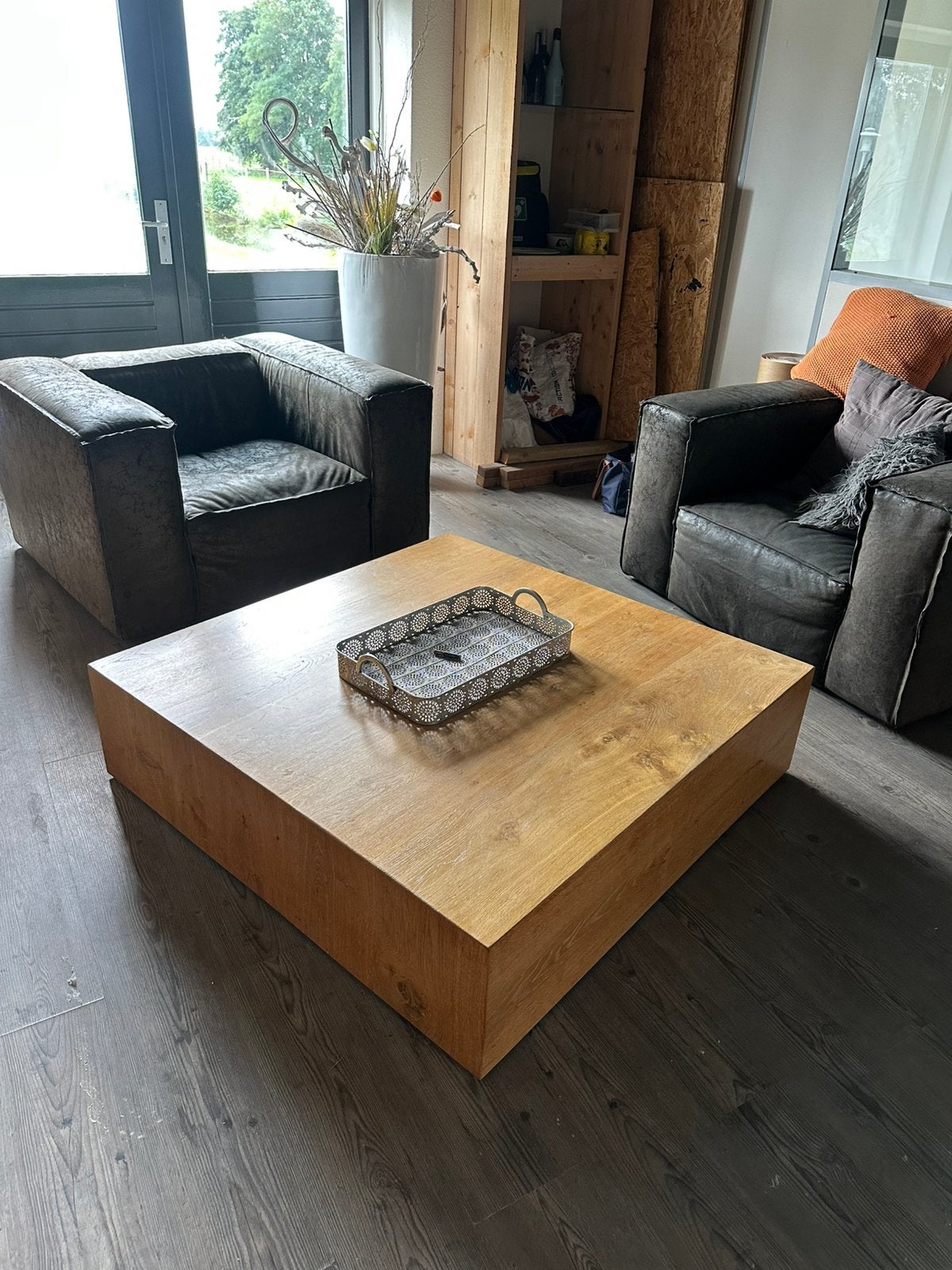 Gratis!! Eiken salontafel en 2 stoelen, 100 tot 150 cm, Zo goed als nieuw, Rechthoekig, 50 tot 100 cm