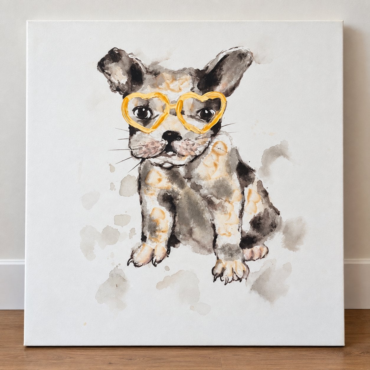 Schilderij Franse bulldog met hartjesbril – modern en speels, Antiek en Kunst, Ophalen of Verzenden