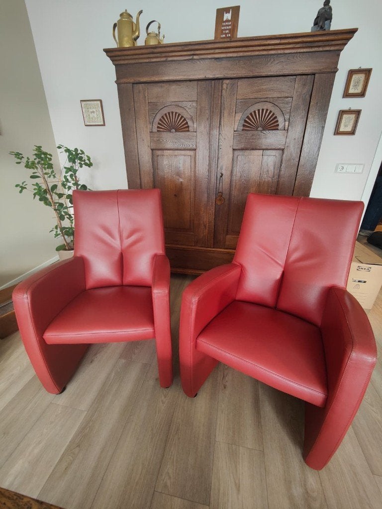 Leolux Kilinge fauteuils in rood leer, Ophalen, Gebruikt, 50 tot 75 cm, Modern, Design