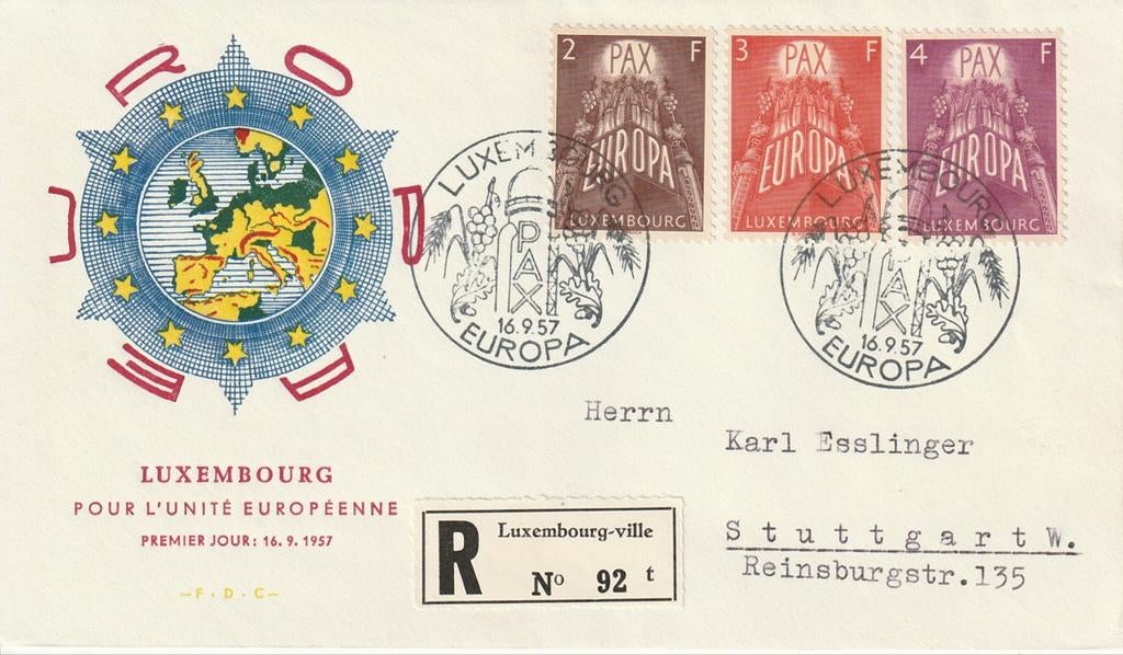 1957 FDC Luxemburg Europa Pax, Postzegels en Munten, Postzegels | Eerstedagenveloppen, Ophalen of Verzenden, Beschreven, Europa