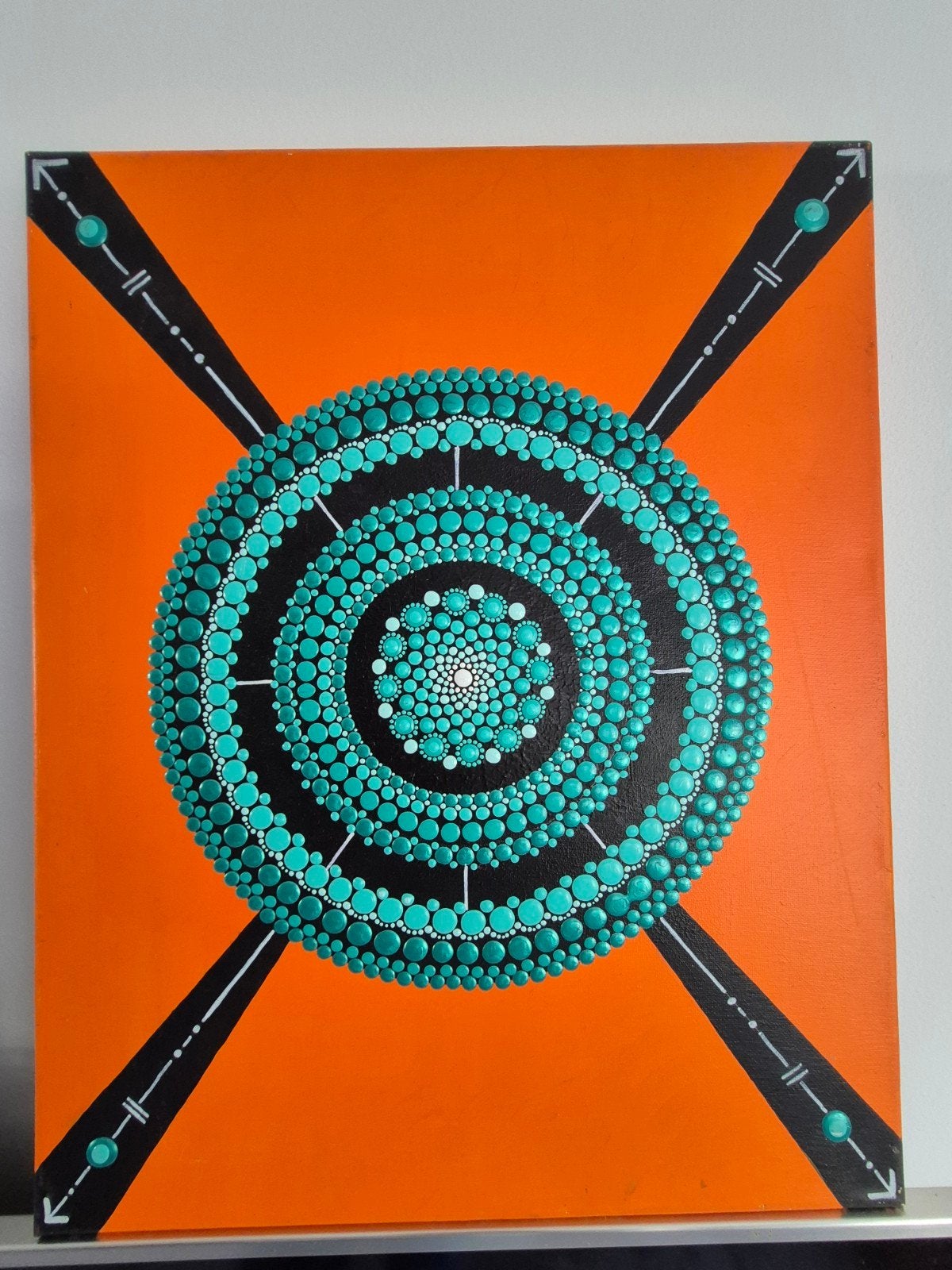 Abstract Mandala Dot Painting - Oranje en Turquoise, Gesigneerd, Abstract, Acrylverf, Ophalen of Verzenden
