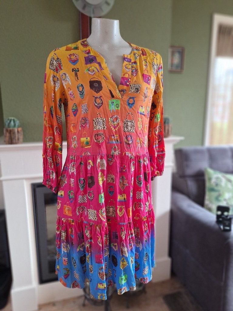 Mucho Gusto tassen sjaal jurk mt XS met zakken, Maat 34 (XS) of kleiner, Onder de knie, Meerkleurig, Verzenden