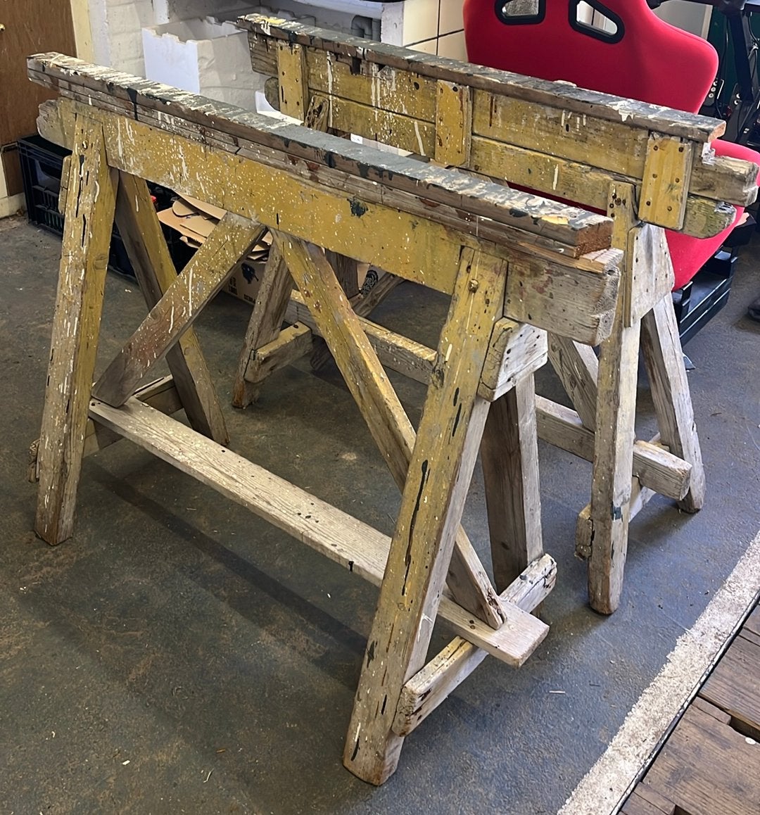 Houten schragen (2 stuks), Doe-het-zelf en Verbouw, Werkbanken, Ophalen, Gebruikt, 70 tot 120 cm, Inklapbaar