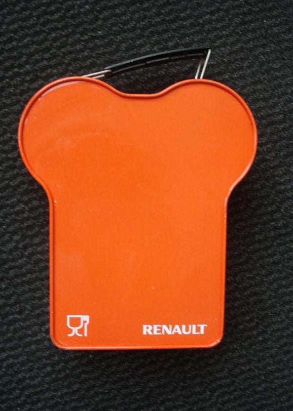 Zgan zeldzame gr oranje vintage metalen Renault broodtrommel, Ophalen of Verzenden, Zo goed als nieuw, Auto's