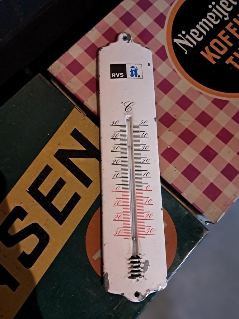 RVS verzekeringen reclame thermometer. Geen emaille, Verzamelen, Merken en Reclamevoorwerpen, Ophalen of Verzenden