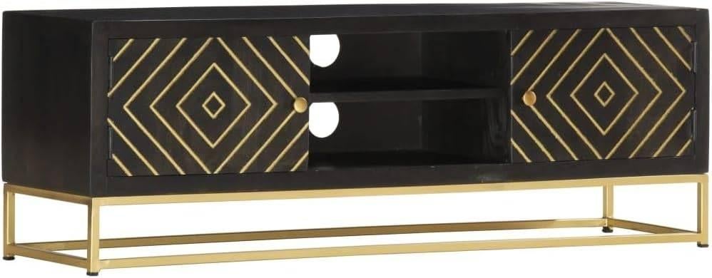 Retro-stijl tv-meubel mango hout + stalen frame zwart/goud, Overige houtsoorten, 100 tot 150 cm, Ophalen of Verzenden, Zo goed als nieuw