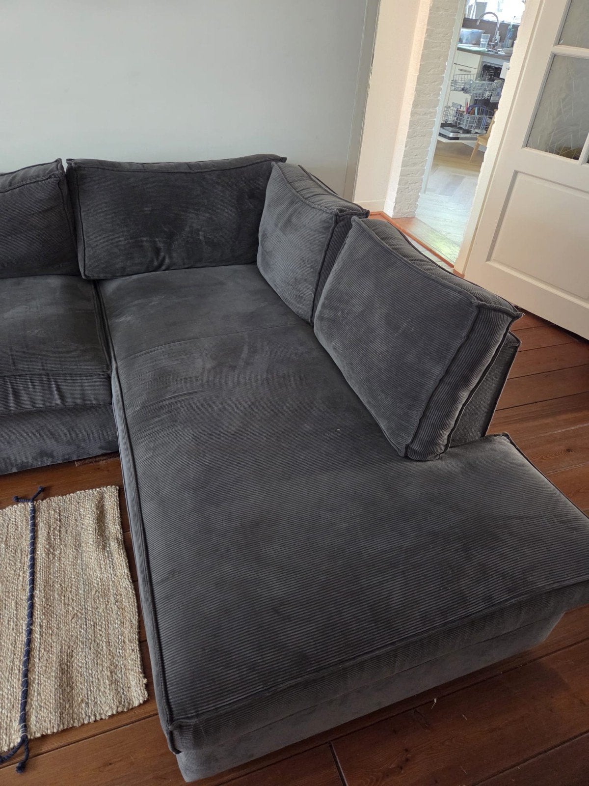 Comfortabele Hoekbank - Donkergrijs Ribstof, Huis en Inrichting, Banken | Bankstellen, Ophalen, Modern, Comfortabel, 250 tot 300 cm