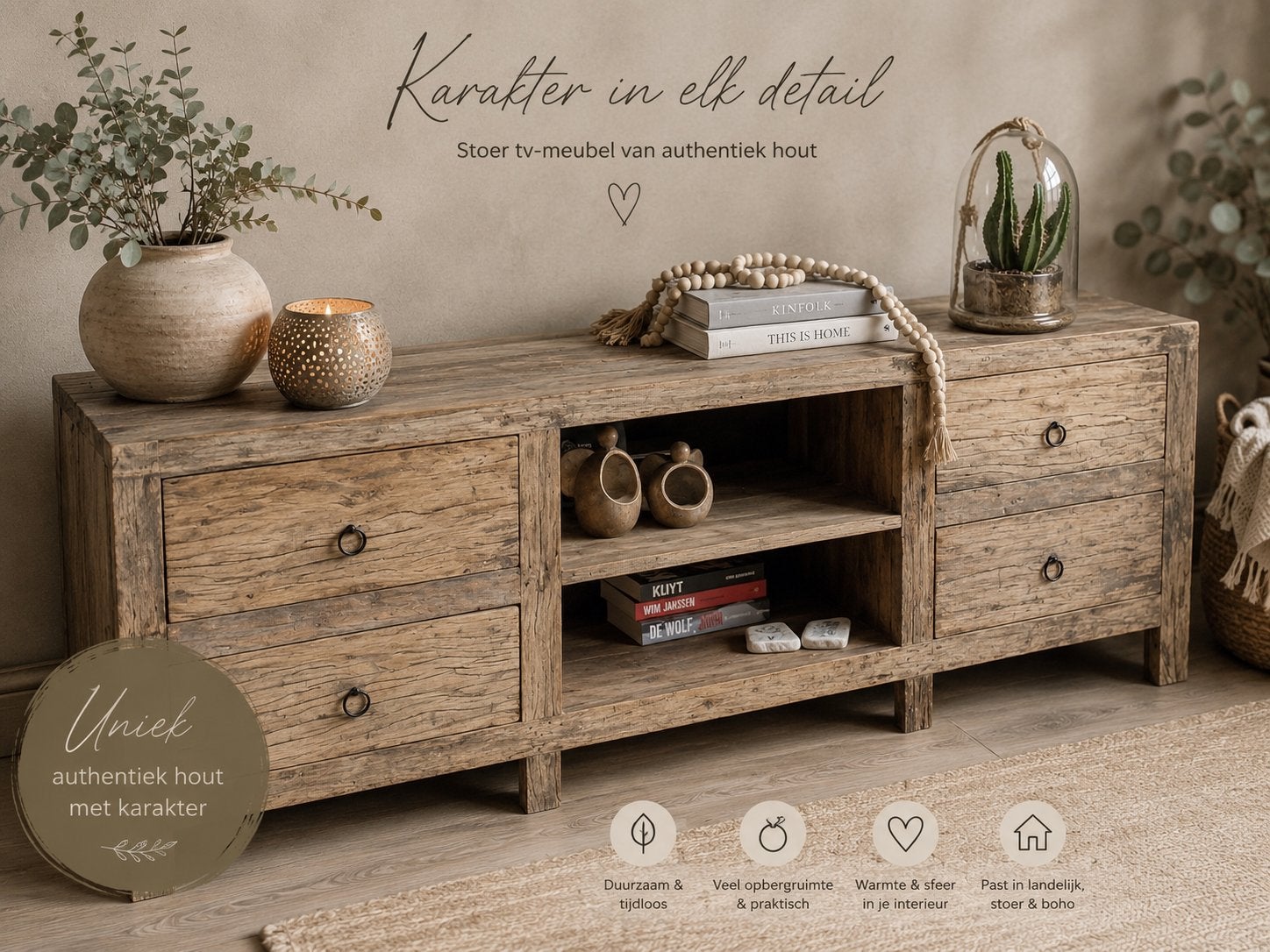 Stoer Bassano Houten TV-Meubel met 4 Lades - Landelijk/Boho, Ophalen, 150 tot 200 cm, Landelijk bohemen, Zo goed als nieuw