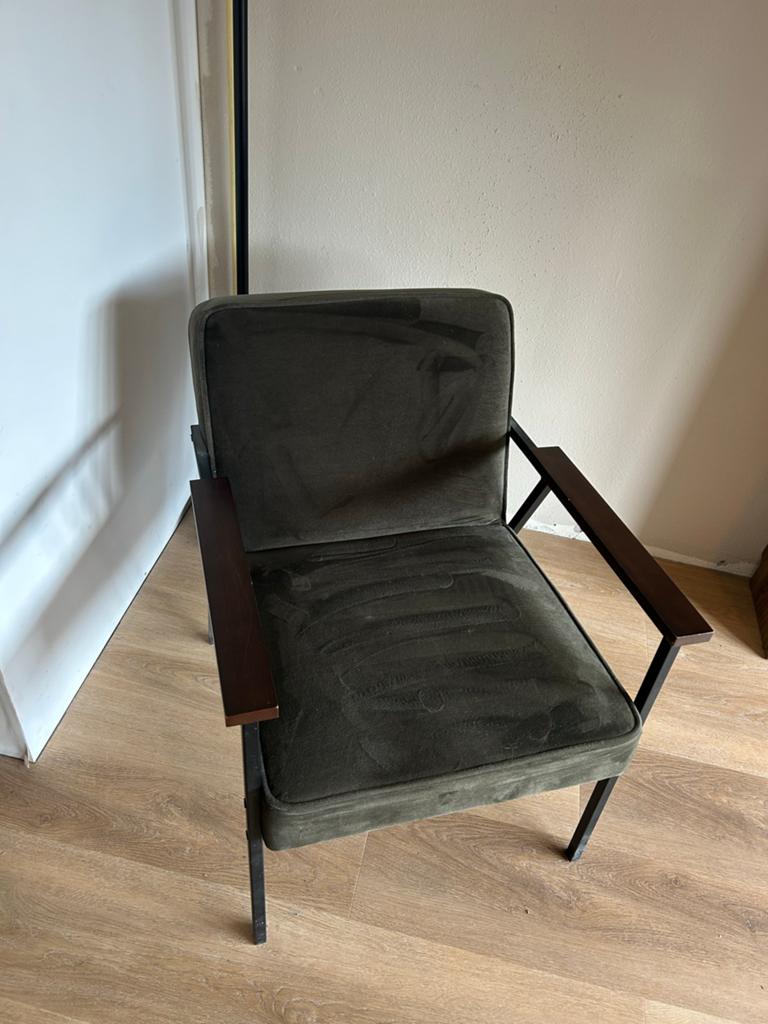 WOOOD fauteuil met poef - Donkergroen, Huis en Inrichting, Fauteuils, Gebruikt, 75 tot 100 cm, Ophalen of Verzenden, Stof