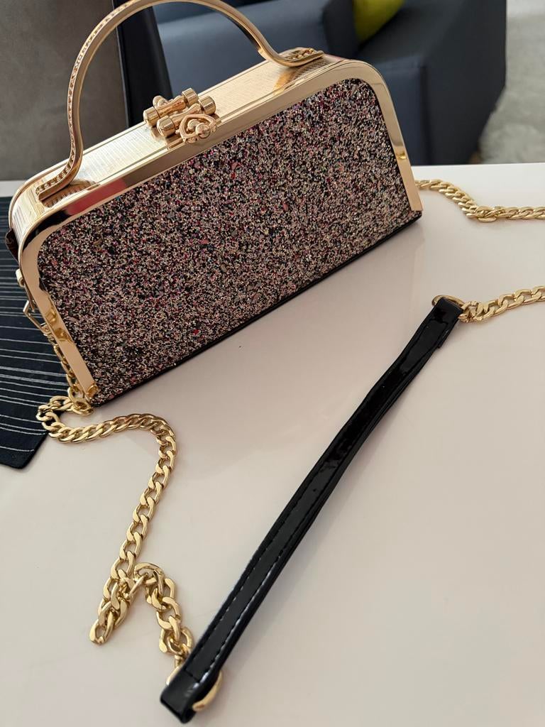 Gouden glitter avondtasje met ketting, Ophalen of Verzenden, Zo goed als nieuw, Overige kleuren, Avondtasje