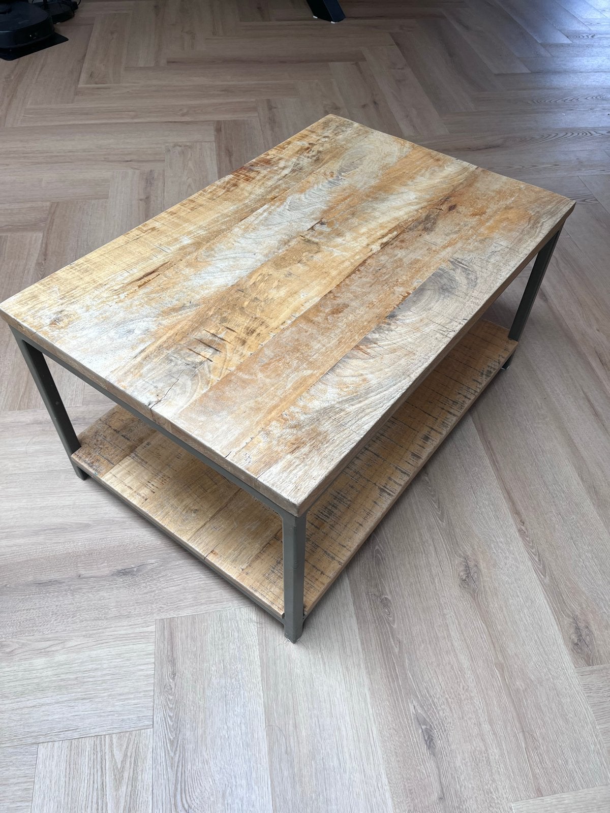 Salontafel mangohout met metalen frame (90x60x45 cm), Ophalen, Gebruikt, 50 tot 100 cm, Overige houtsoorten