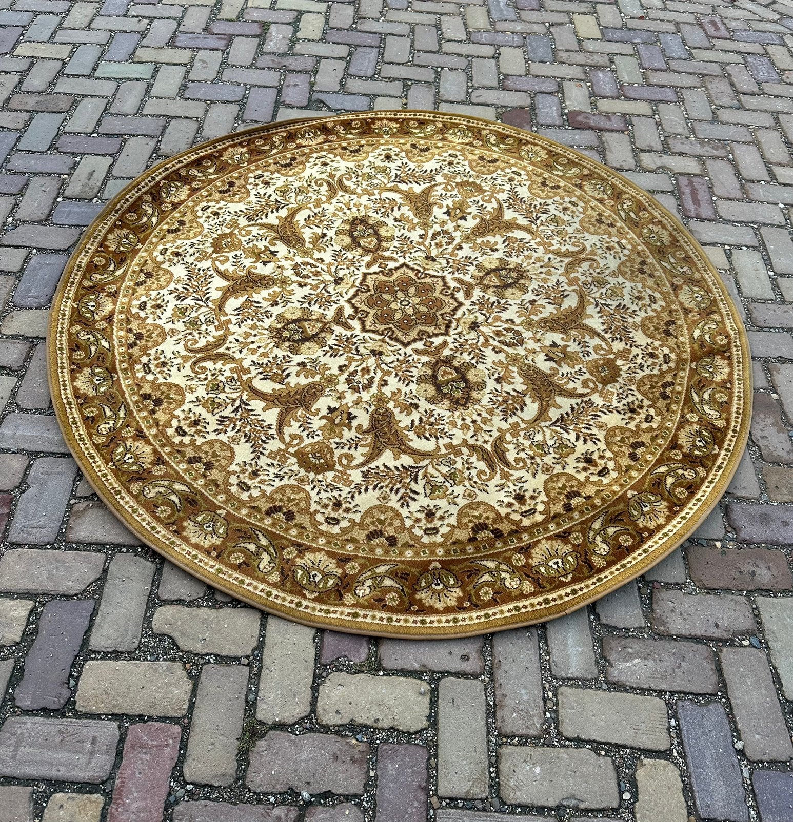 Vintage tapijt - rond - groen /bruin / beige, Ophalen, Zo goed als nieuw, Beige, Rond