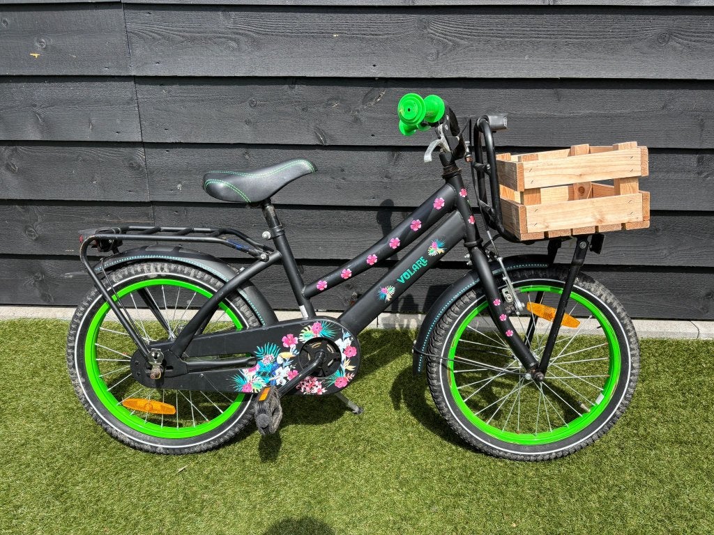 Kinderfiets Volare 18 inch zwart groen met bloemen met krat, Ophalen, Terugtraprem, Volare, 16 tot 20 inch