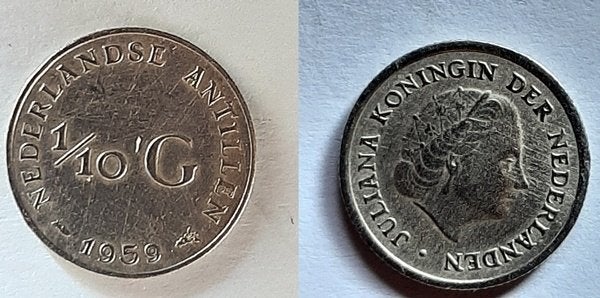 1/10 Gulden Ned. Antillen 1959 zilver, Verzenden, Koningin Juliana, 10 cent, Zilver