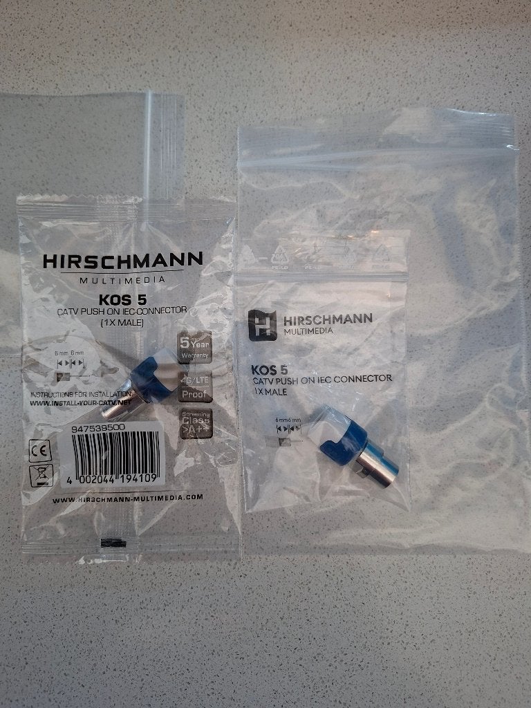 Ziggo Hirschmann kos 5 kabel connector diverse uitvoeringen, Ophalen of Verzenden