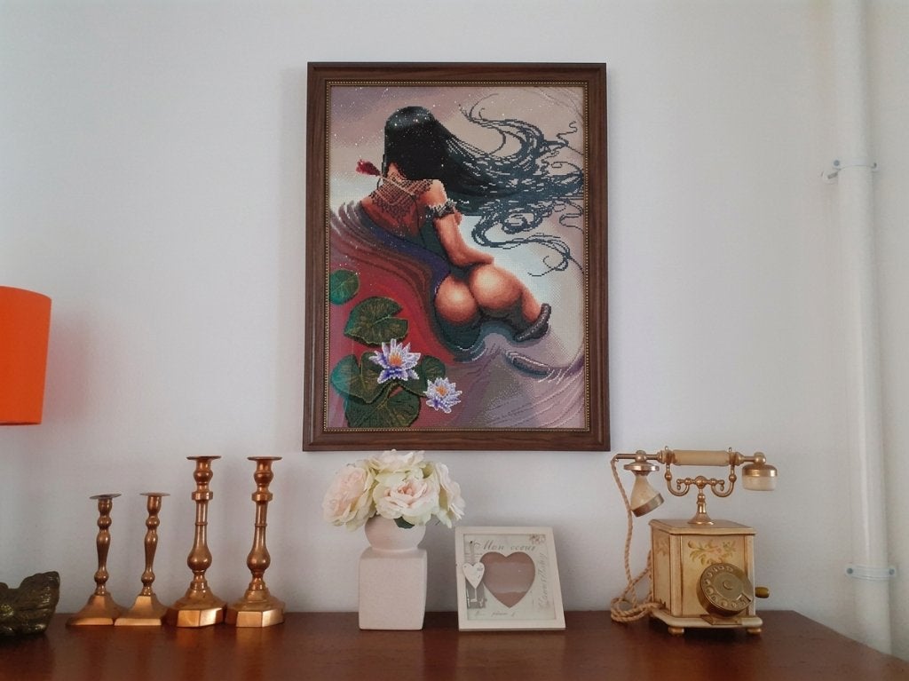 Decoratie schilderij vrouw met slang Lotus, Oosters, Handgemaakt, Meerkleurig, Nieuw
