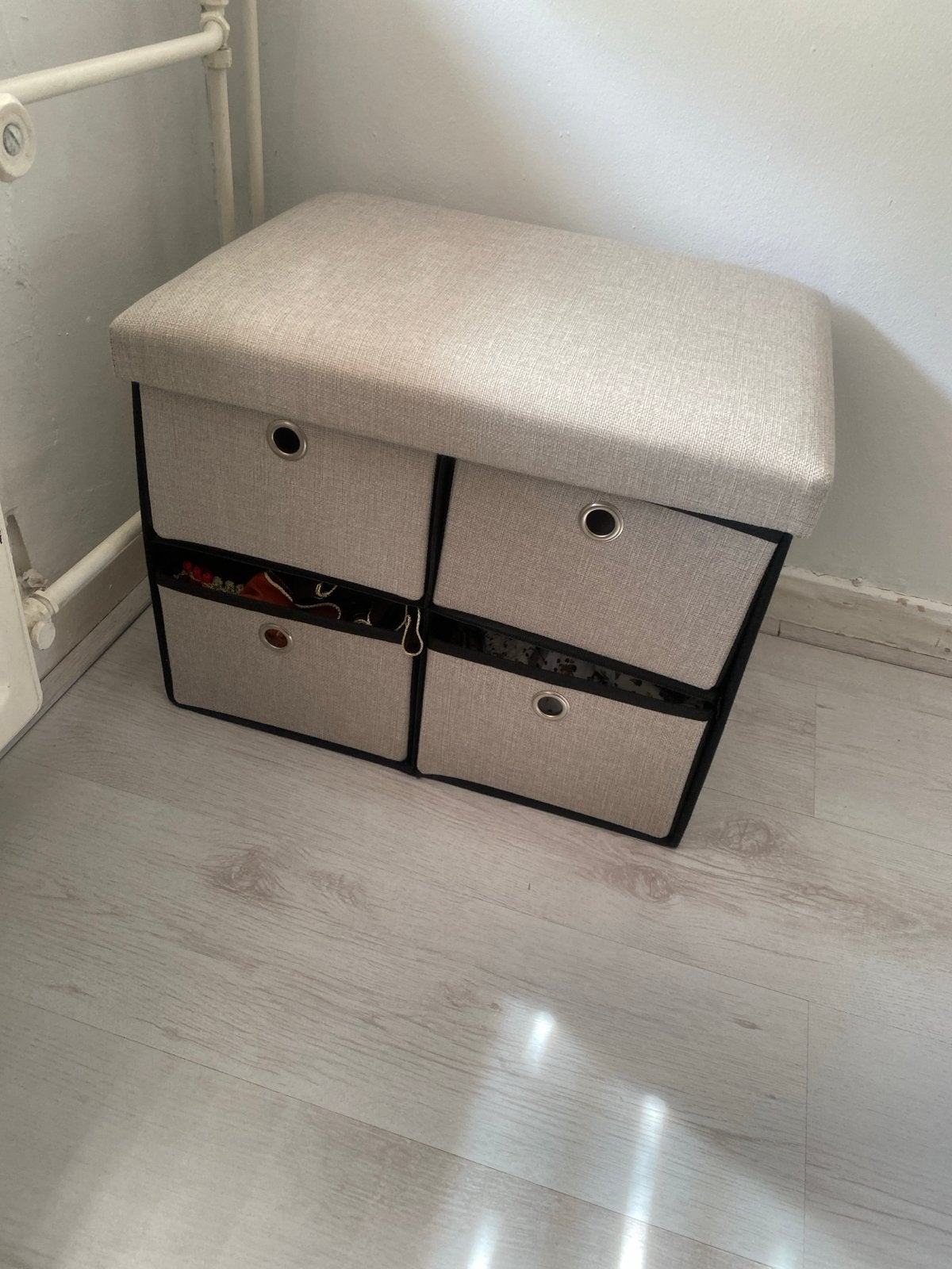 Opbergbankje met 4 lades - Grijs stof, Huis en Inrichting, Stoelen, Ophalen, Zo goed als nieuw, Eén, Stof