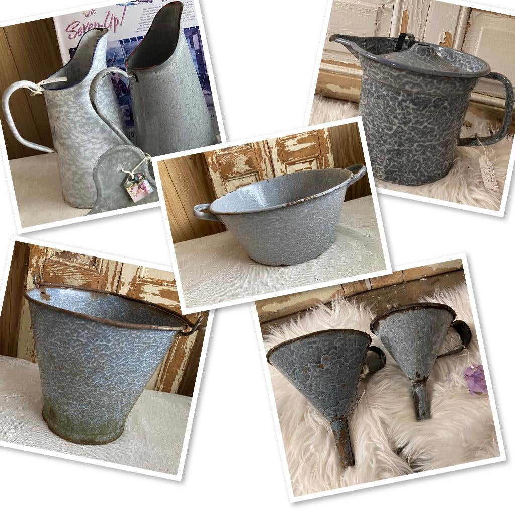 Brocante emaille kan - melkkoker - emmer / wolkjesemaille, Antiek en Kunst, Ophalen of Verzenden