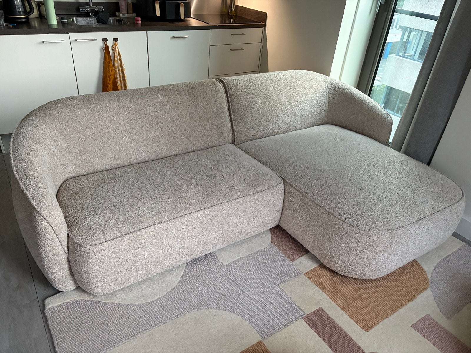 fonQ Chubby Hoekbank Bouclé Greige, Ophalen, Gebruikt, 125 tot 150 cm, Driepersoons