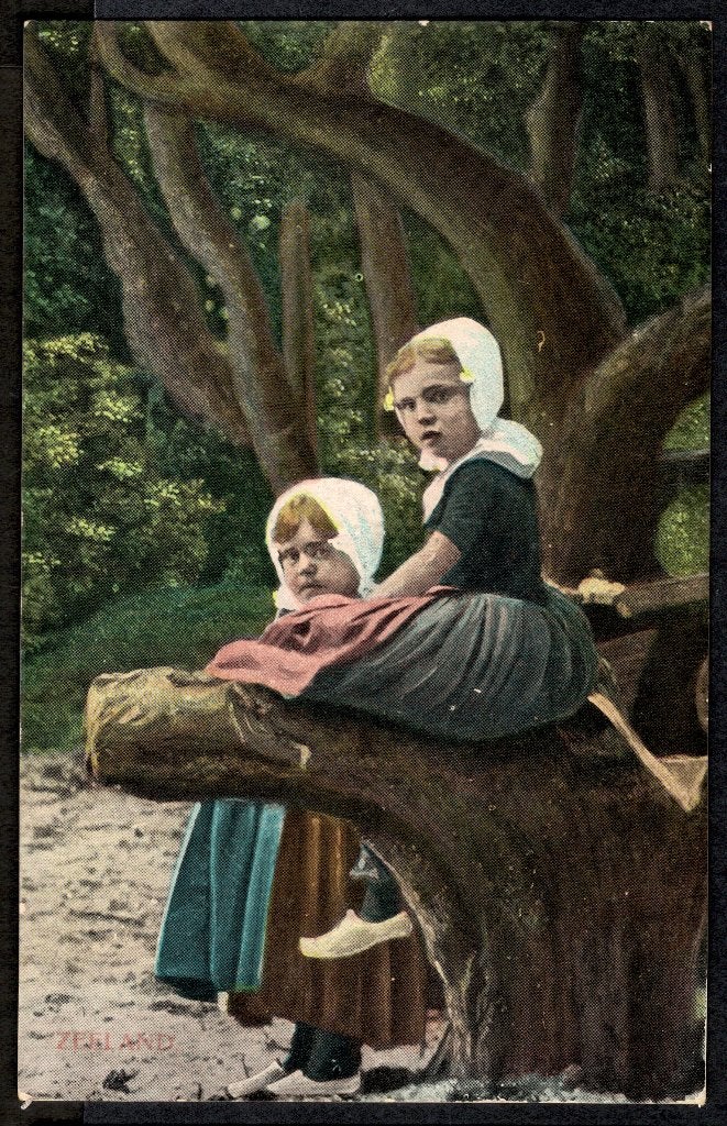 Zeeland, 2 meisjes in klederdracht op een boomstam. Tulpkrt., Ophalen of Verzenden, Voor 1920, Ongelopen, Zeeland