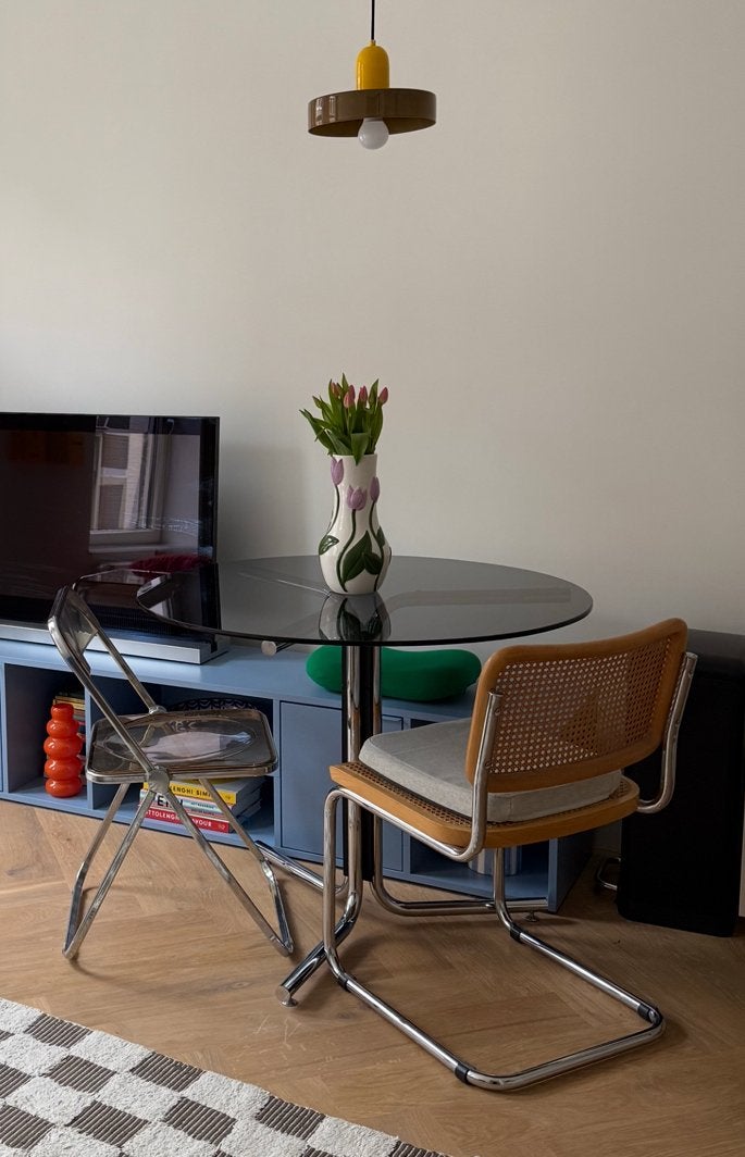 Vintage ronde eettafel, Ophalen, Gebruikt, Glas, 100 tot 150 cm