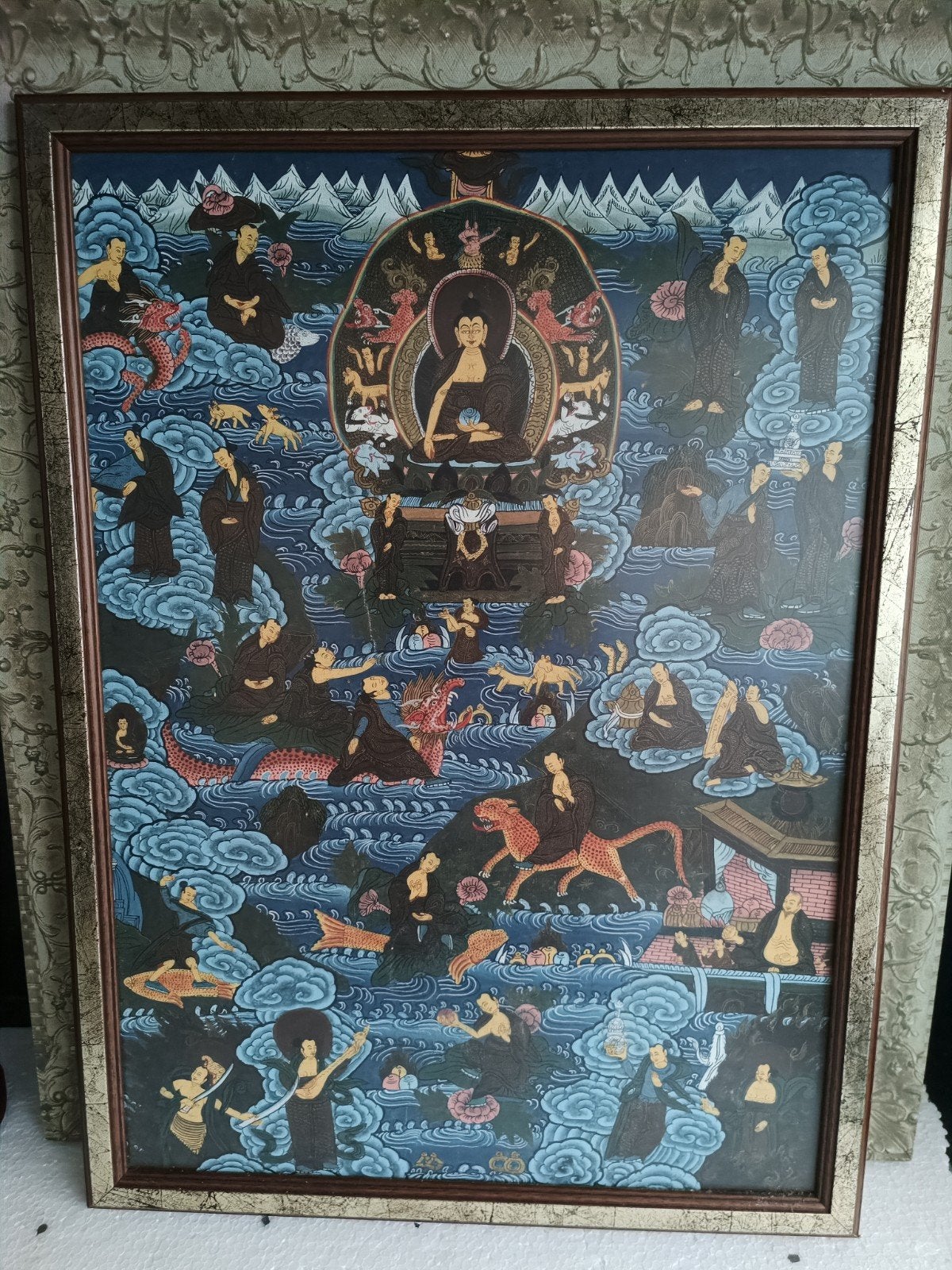 Prachtig Tibetaans Schilderij met Boeddha en Monniken, Tibet, Ophalen of Verzenden, Meerkleurig, Ingelijst