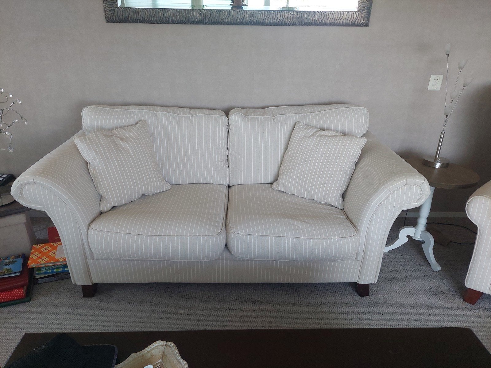 Bankstel met 3 fauteuils en poef - Crèmekleurig gestreept, Ophalen, Gebruikt, Klassiek, Comfortabel, Stof
