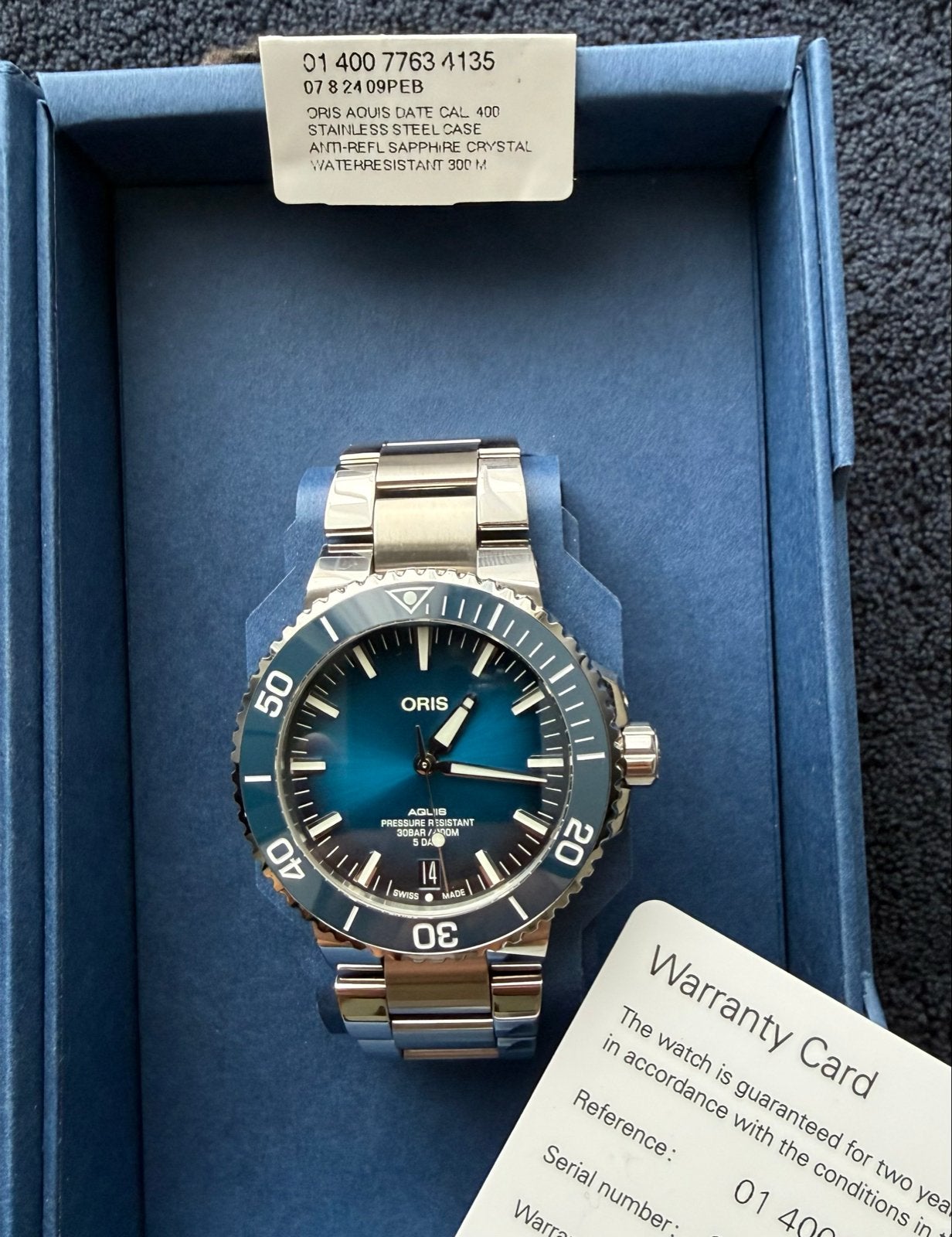 Oris Aquis Date Cal 400-Stalen duikhorloge 5 days, Staal, Polshorloge, Zo goed als nieuw, Ophalen