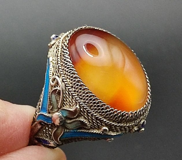 Vintage Zilveren Ring met kornalijn en Emaille, Sieraden, Tassen en Uiterlijk, Gebruikt, Verzenden, Oranje, Met edelsteen