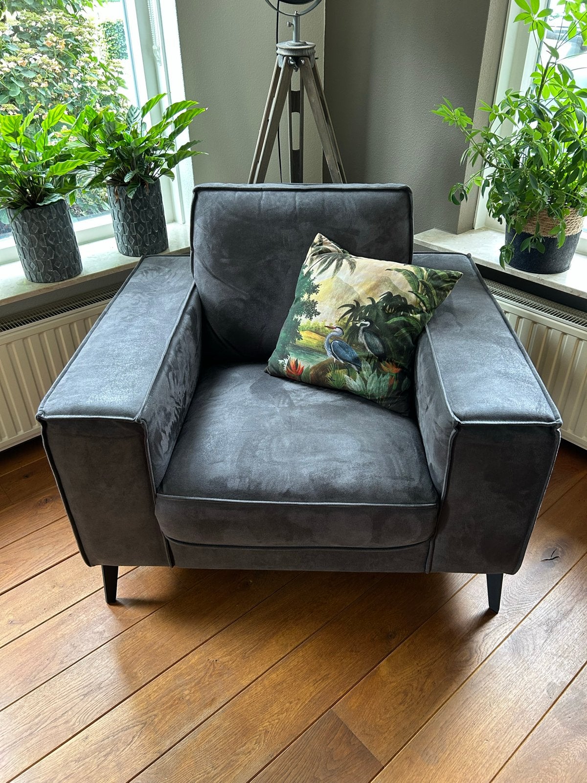 Comfortabele donkergrijze fauteuil, Gebruikt, 75 tot 100 cm, Ophalen of Verzenden, 100 tot 125 cm