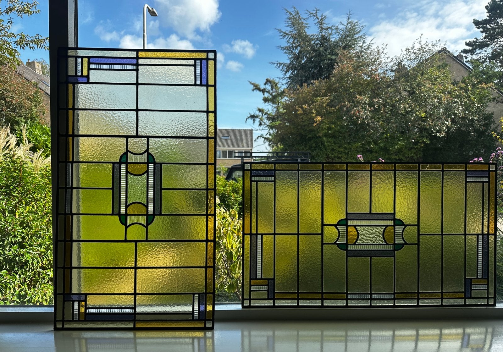 Twee antieke glas in lood ramen - art deco glas, Ophalen