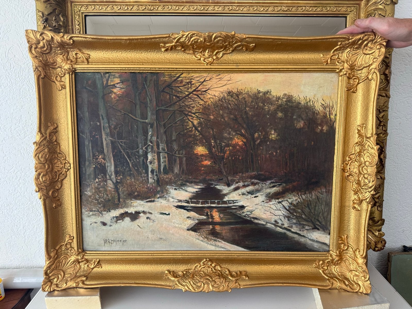 Antiek olieverfschilderij winterlandschap jaren '60, Ophalen, Doek, Landschap, Olieverf