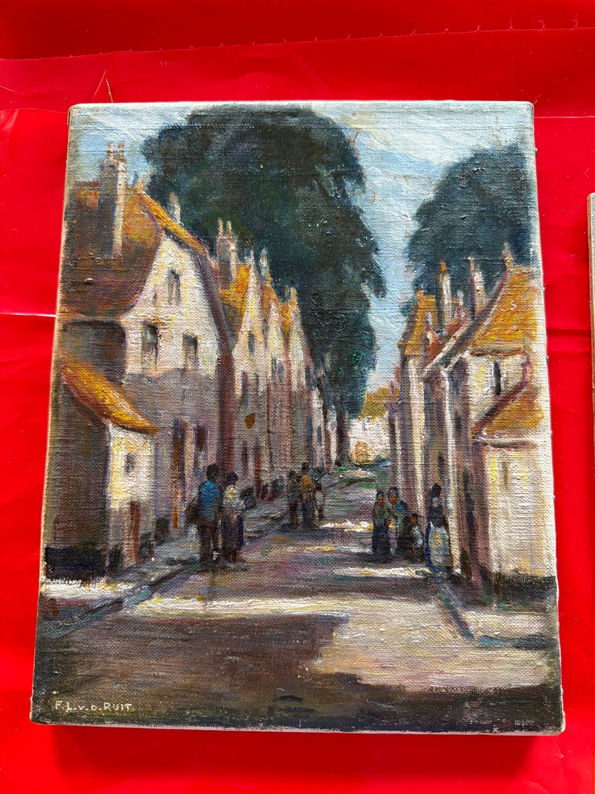 Olieverfschilderij: Dorpsgezicht met figuren, gesigneerd, Doek, Realistisch, Ophalen of Verzenden, Gesigneerd