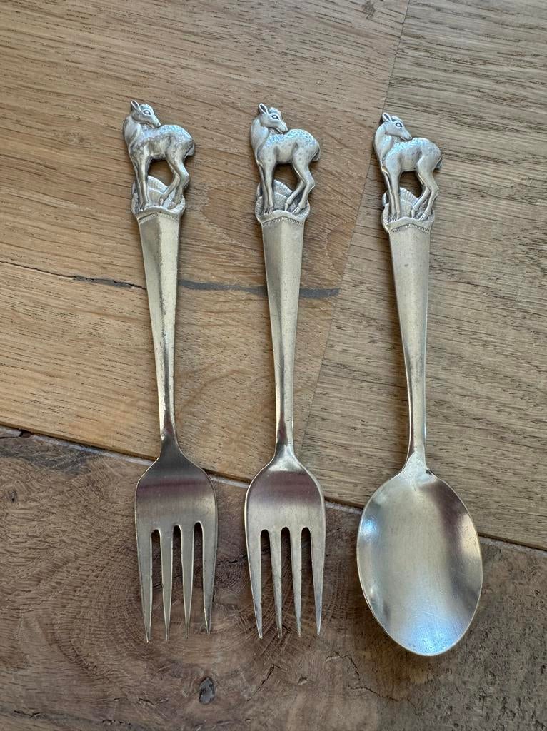 Vintage Bestekset met Hertenmotief - Lepel en Vorken, Antiek en Kunst, Antiek | Bestek, Ophalen of Verzenden