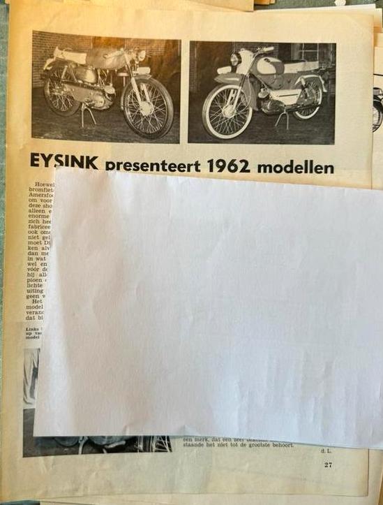 Knipsel Eysink modellen 1962, Verzenden, Zo goed als nieuw, Motoren