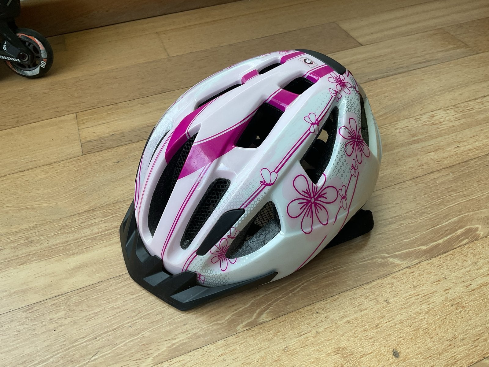 Crivit Fietshelm - Wit/Roze met bloemen, Ophalen, Gebruikt, Overige maten, Meisje