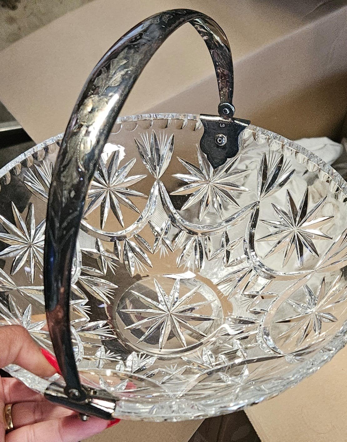 Vintage Kristallen Fruitschaal met Metalen Hengsel, Antiek en Kunst, Antiek | Glas en Kristal, Ophalen of Verzenden