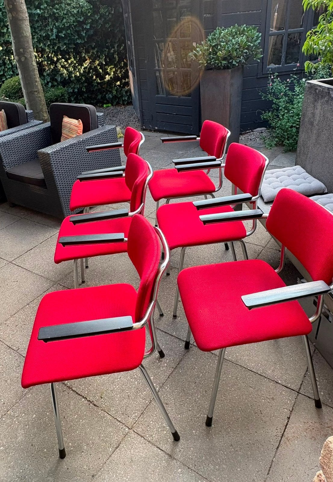 Vintage rood gispen 1235 stoelen 6x,met bakeliete armleggers, Huis en Inrichting, Stoelen, Ophalen, Gebruikt, Stof, Vintage