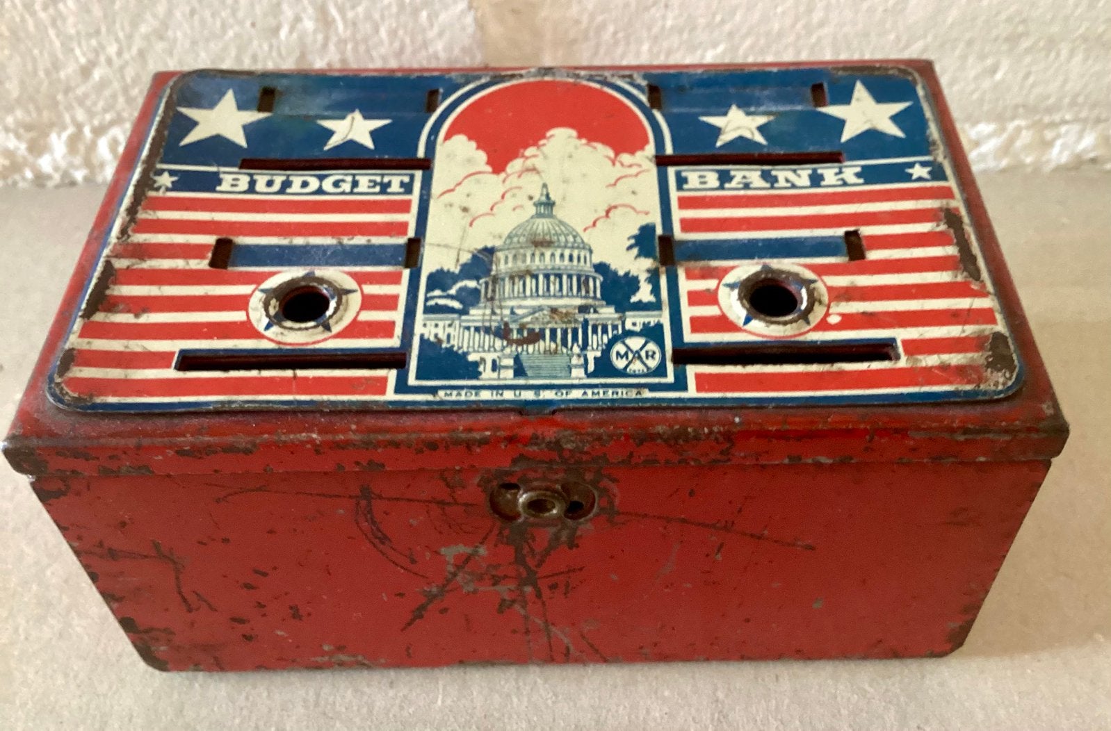 Vintage metalen spaarpot: Budget Bank. Marx Toys. USA. 1940., Ophalen of Verzenden, Zo goed als nieuw, Metaal of Blik, Overige thema's