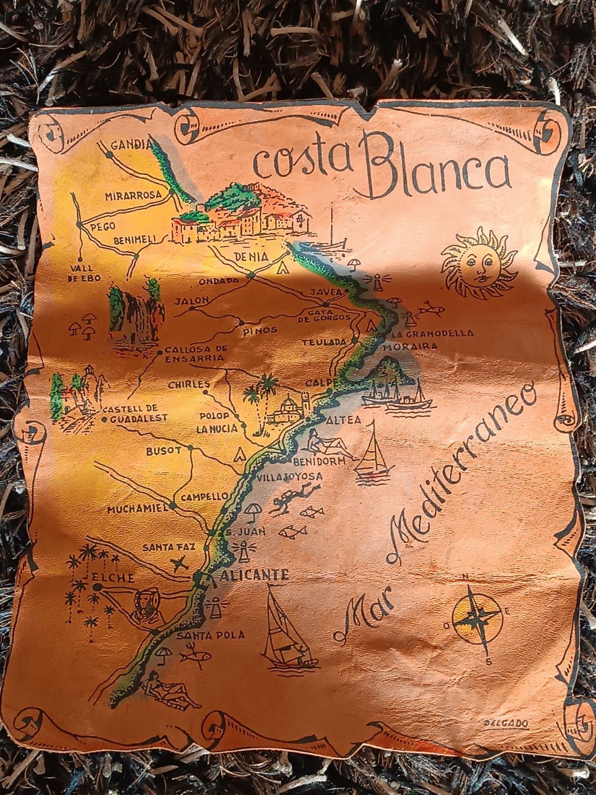 Unieke Leren Kaart Costa Blanca Spanje - 1982, Boeken, Atlassen en Landkaarten, Spanje, Ophalen of Verzenden, 1800 tot 2000, Landkaart