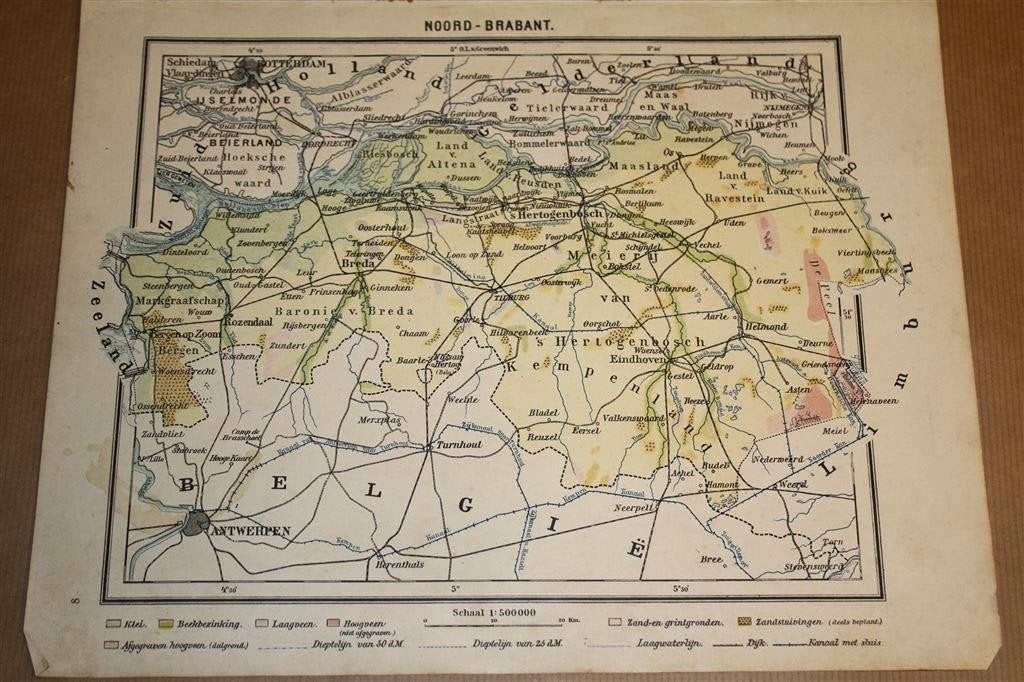 Antieke provinciekaart - Noord-Brabant - Circa 1920, Boeken, Atlassen en Landkaarten, Gelezen, Ophalen of Verzenden, Landkaart