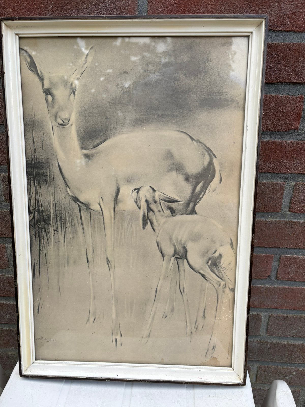 Vintage Hertenprint van Van Meegeren - Moeder en Kalf, Antiek en Kunst, Ophalen of Verzenden