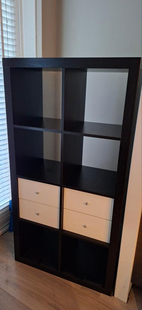 Ikea Kallax vakkenkast zwart bruin, Ophalen, Met plank(en), Gebruikt, 100 tot 150 cm