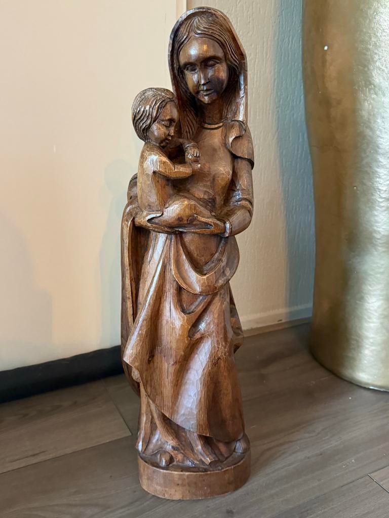 Houten Beeld Maria met Kind - Handgesneden Religieuze Kunst, Ophalen of Verzenden
