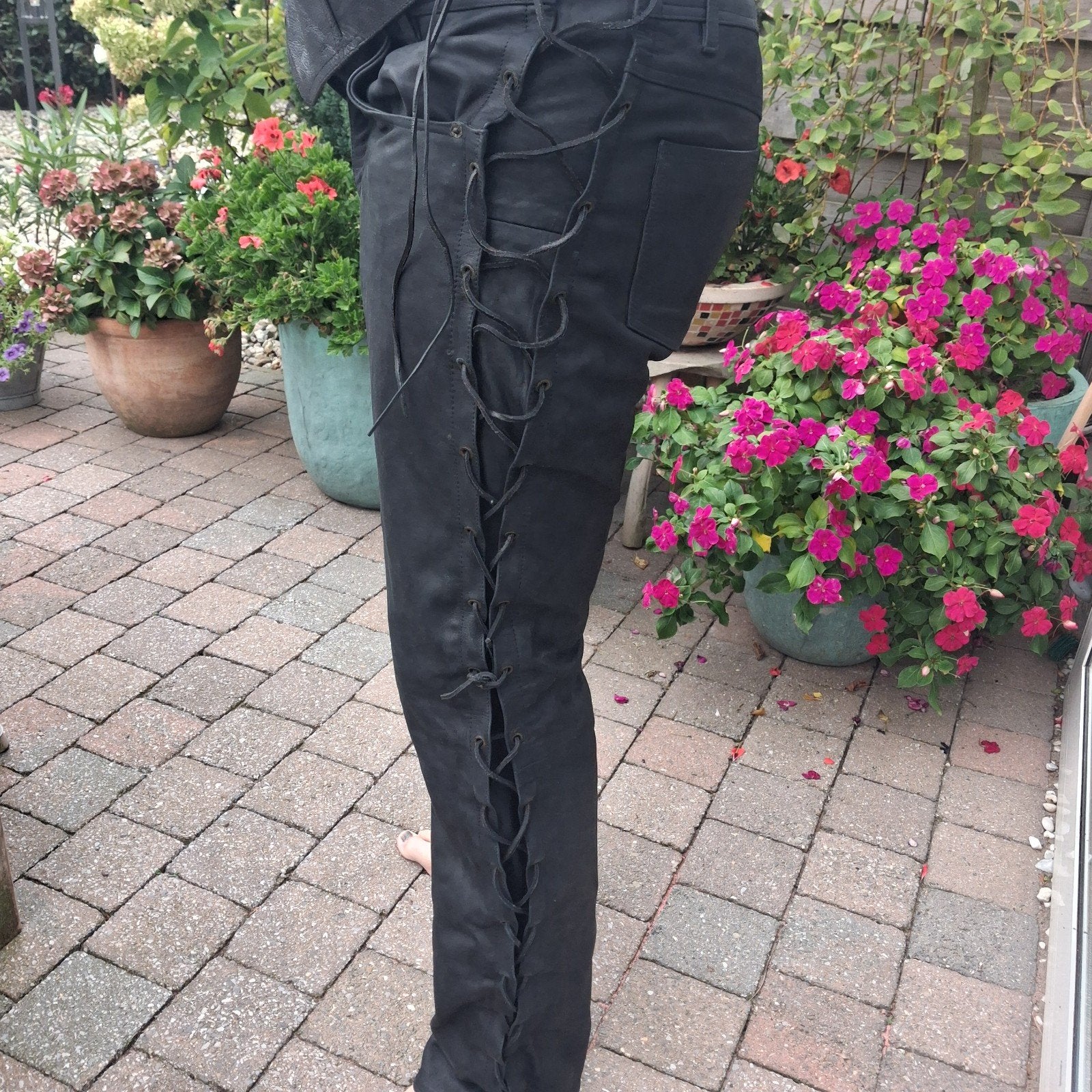 Zwarte leren broek met vetersluiting, Onbekend, Verzenden, Zwart, Maat 56/58 (XL)