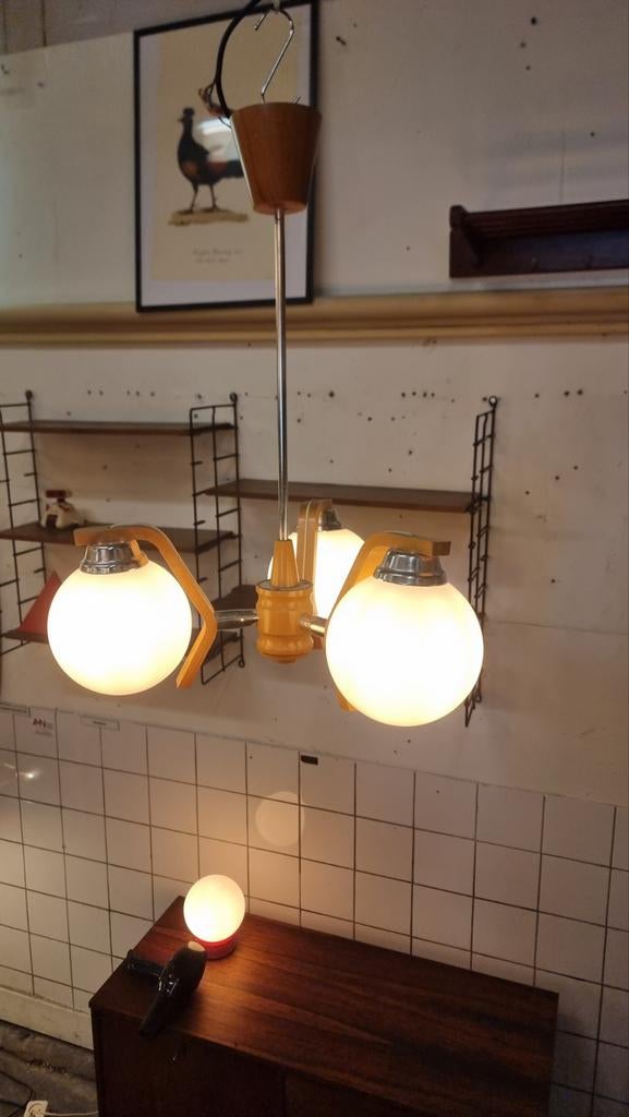 Vintage hanglamp mid century houten frame, Gebruikt, ,, Ophalen of Verzenden, ,