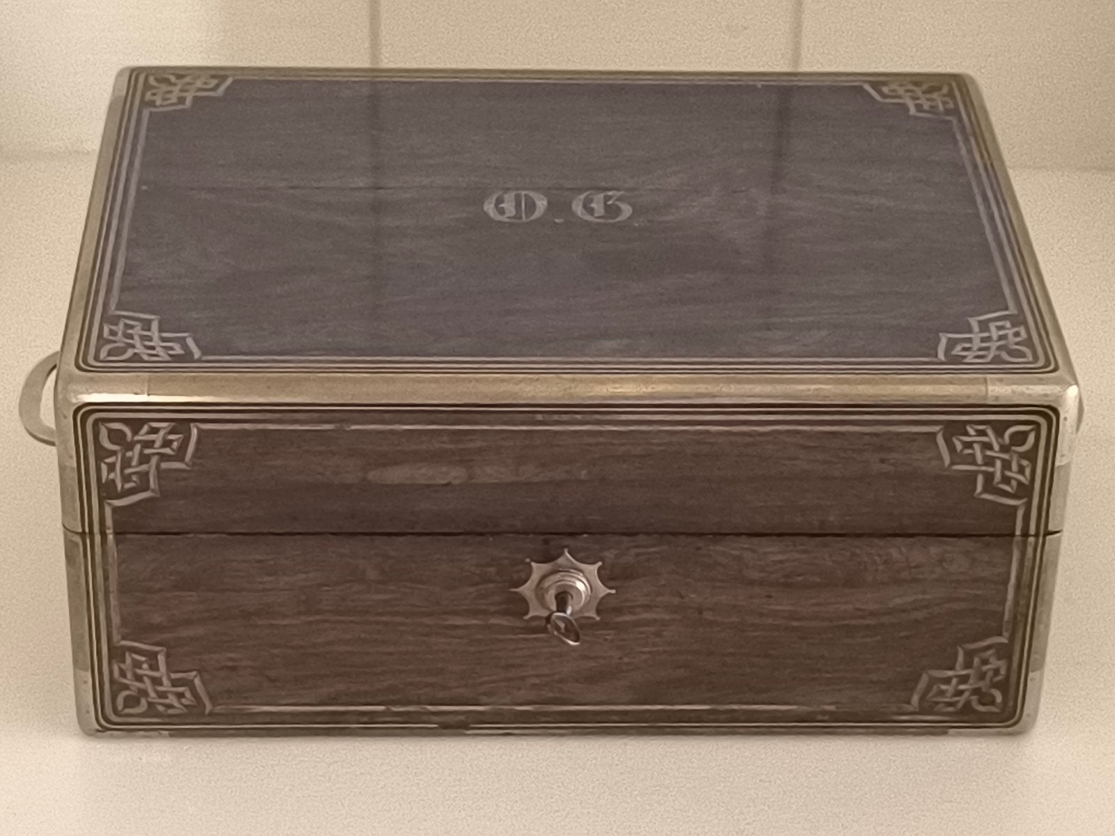 Antiek reiskoffer palissander met zilver 19e eeuw, Ophalen of Verzenden, Zilver