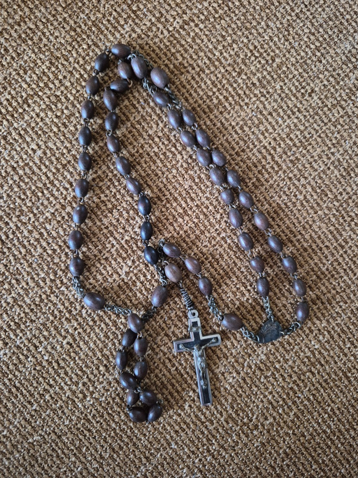 Antieke Houten Rozenkrans met Metalen Kruisje, Ophalen of Verzenden