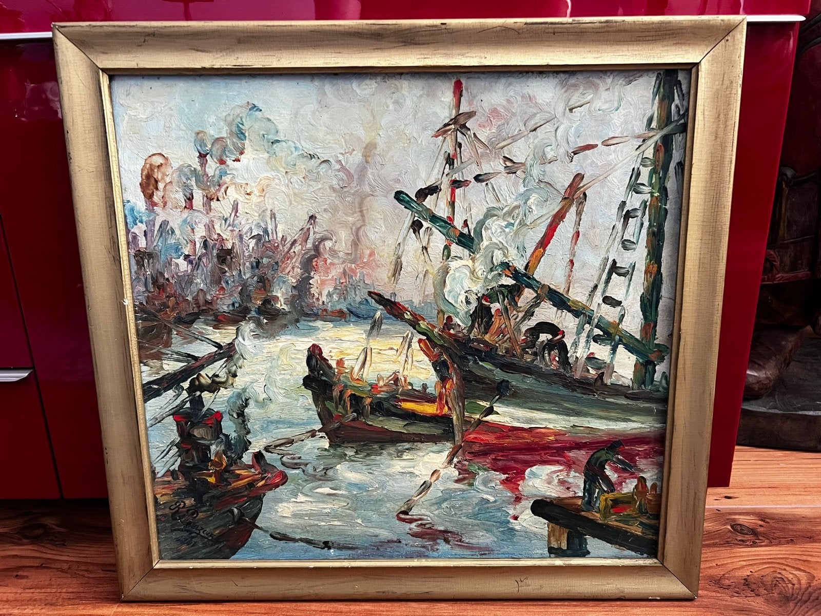 Maritiem olieverfschilderij - Haven met schepen, Antiek en Kunst, Ophalen, Maritiem / water, Doek, Expressionistisch