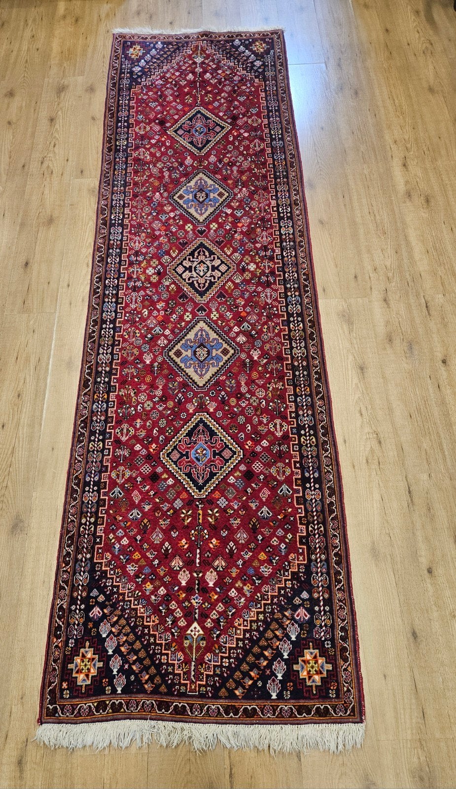 Vintage handgeknoopt perzisch tapijt loper qashqai 304x87